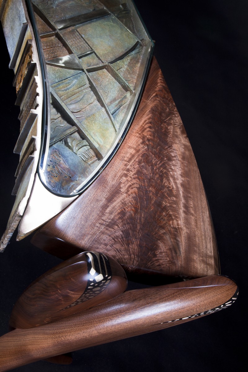View from above, showing detail of bronze and glass
